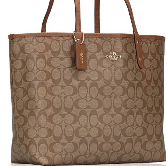 COACH REVERSIBLE SIGNATURE CITY TOTE KHAKI SADDLE - Picture 6 of 7